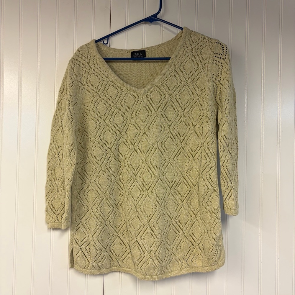 R Q T lWomen's Cream Sweater Vneck Large Cotton/Ramie